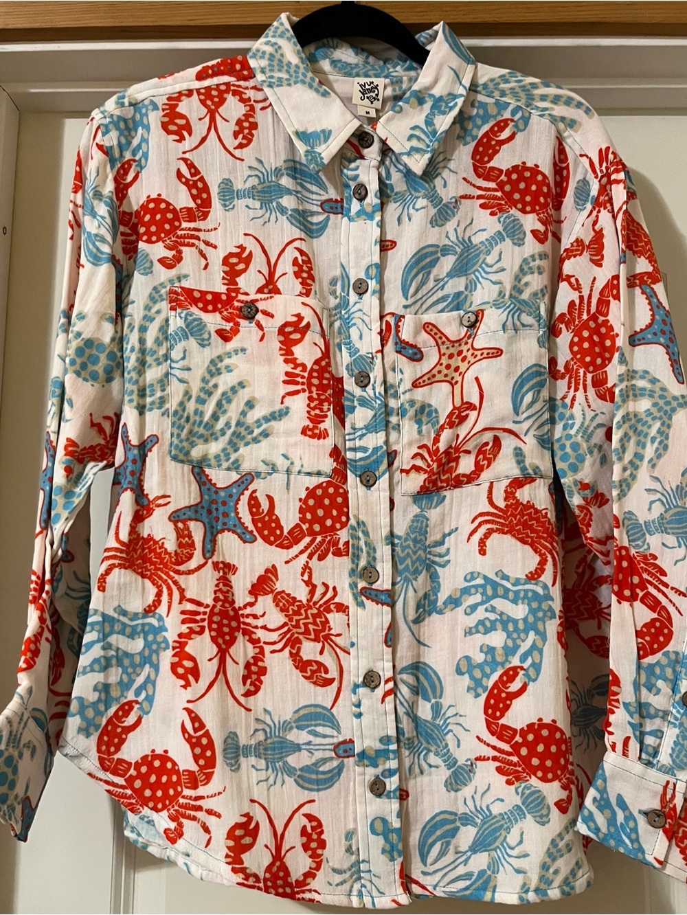 Ivy Jane Seaside Lobster Starfish  Beach  Button-Front Shirt  New! Gauzy Fabric